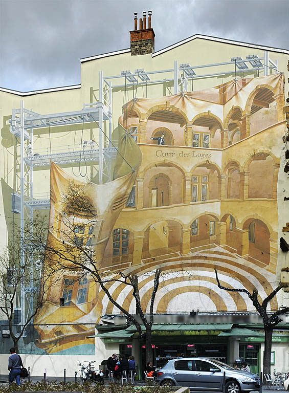 Fresque place Ennemont Fousseret (vue artificielle avec arbres enlevés en partie)  26 quai de Bondy / 3 place Ennemont Fousseret Lyon 5ème (400 m²Mur’Art en 1988)