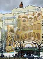 Fresque place Ennemont Fousseret (vue artificielle avec arbres enlevés en partie)  26 quai de Bondy / 3 place Ennemont Fousseret Lyon 5ème (400 m²Mur’Art en 1988)