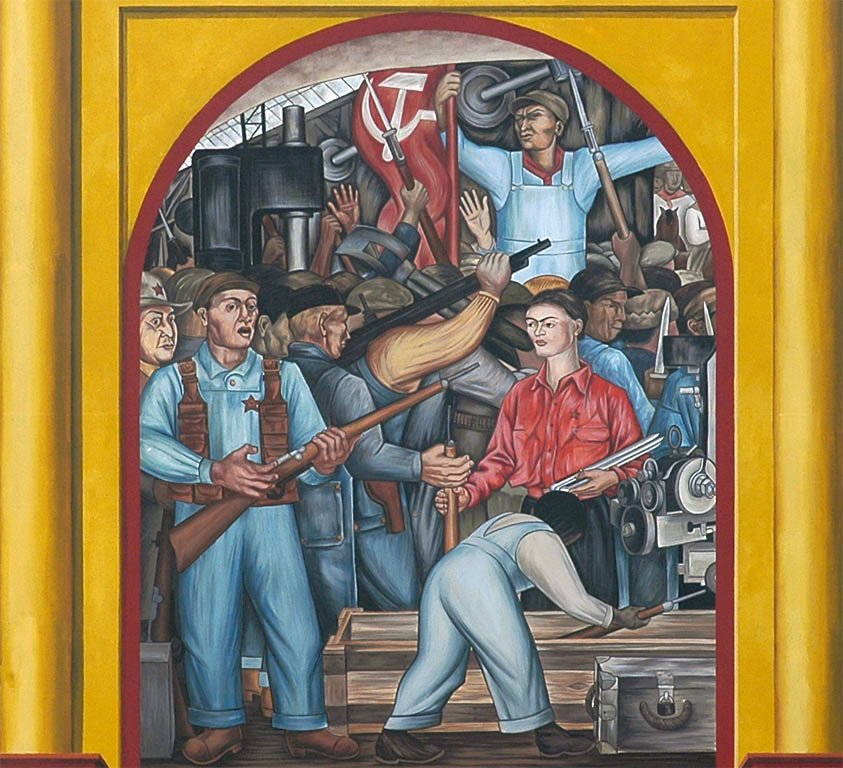 A l’arsenal, Frida Kahlo, épouse de Diego Rivera, distribue des fusils et des baïonnettes aux travailleurs prêts à combattre pour la révolution