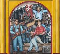 A l’arsenal, Frida Kahlo, épouse de Diego Rivera, distribue des fusils et des baïonnettes aux travailleurs prêts à combattre pour la révolution