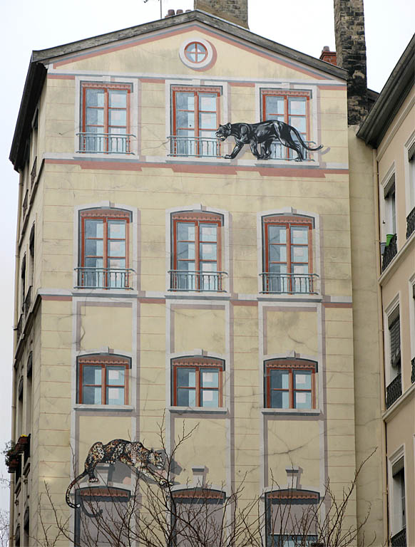 Mur peint avec fausses fenêtres et animaux rue de la Platière, Lyon 1er