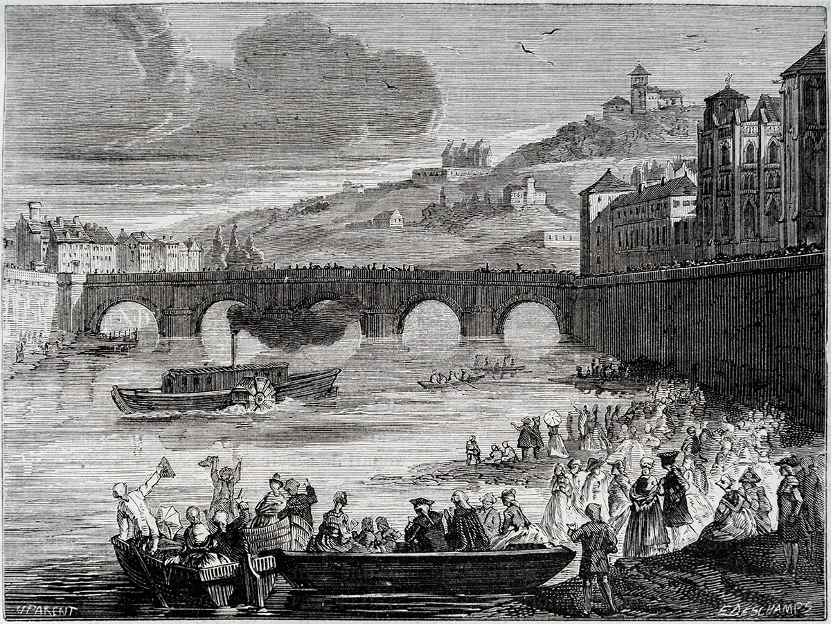 Expérience du Marquis de Jouffroy sur la Saône le 15 Juillet 1783 (Extrait de Figuier 1867)